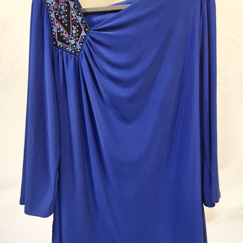 New! Cobalt Blue Asymmetrical Draped Top w/ Beaded Statement Shoulder